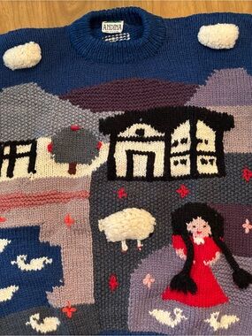 Vintage Blue Wool Scenic Knit Sweater